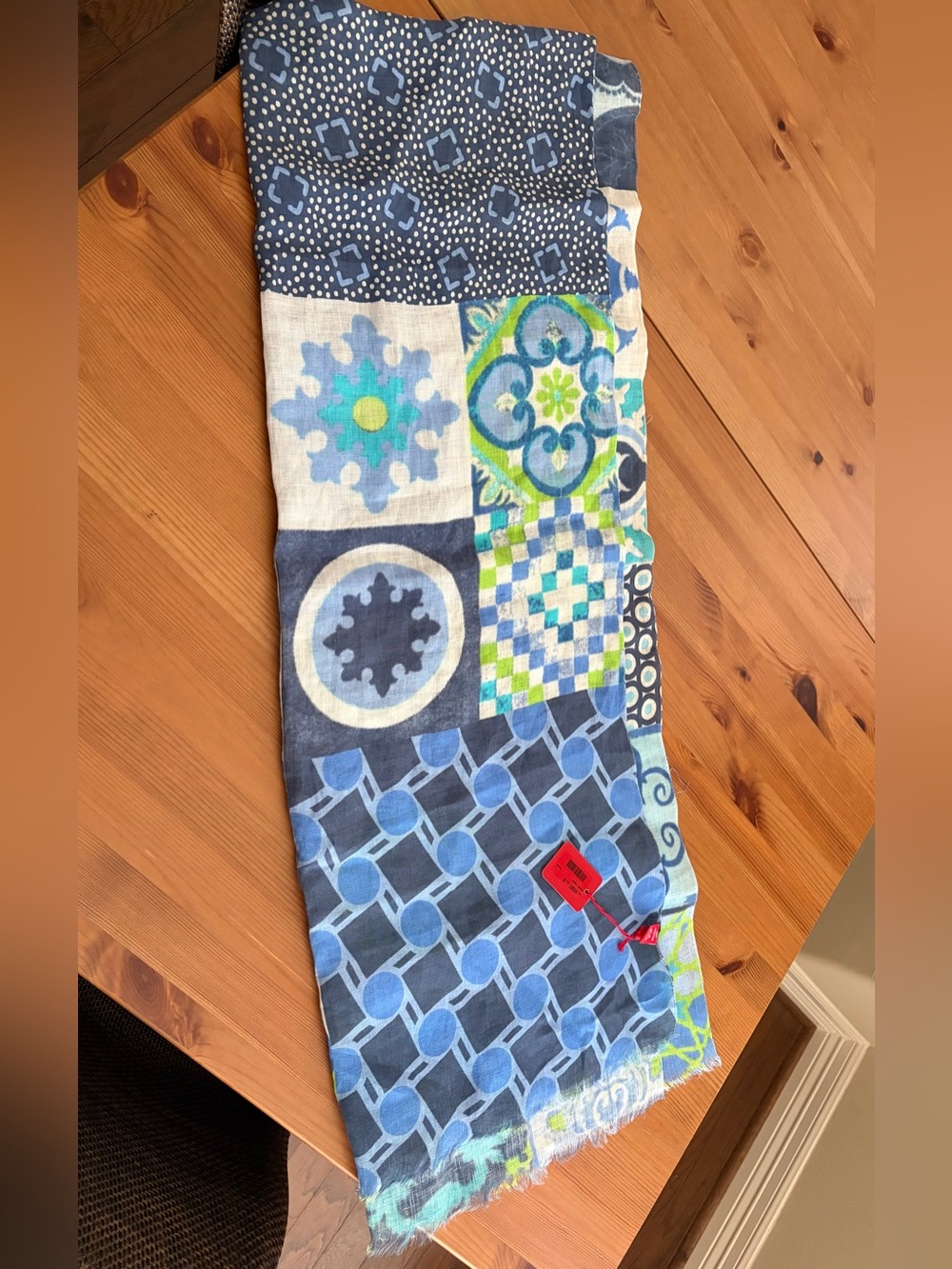 New w tags Altea Italy Linen Blue Green White Multi-Pattern Scarf Shawl Wrap